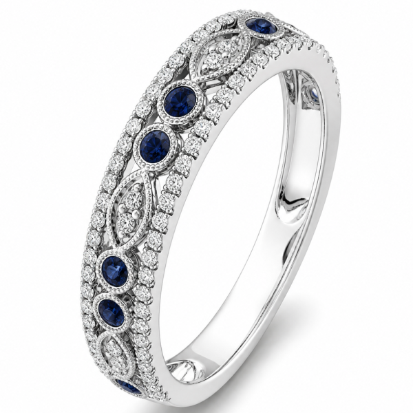 0.52 ct žiedas su safyrais ir deimantais balto aukso