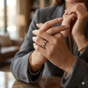 0.88 ct žiedas su safyrais ir deimantais ant rankos