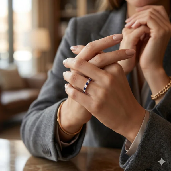 0.88 ct žiedas su safyrais ir deimantais ant rankos