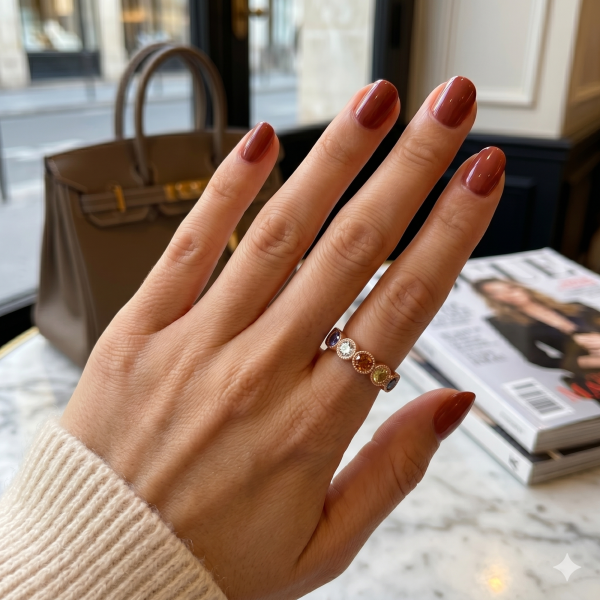 1.04 ct auksinis žiedas su spalvotais safyrais ant merginos rankos