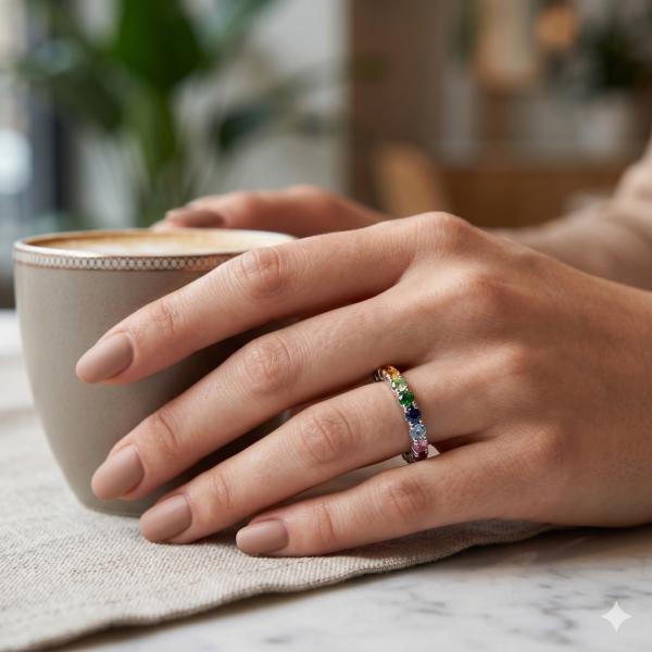 1.12 ct auksinis žiedas su spalvotais safyrais ant merginos rankos