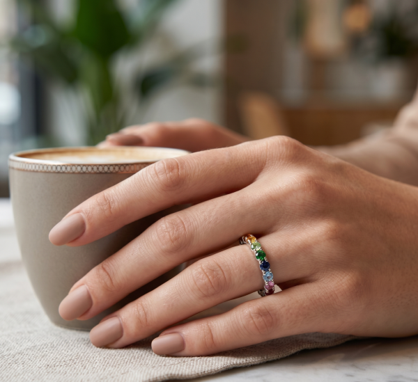 1.12 ct auksinis žiedas su spalvotais safyrais ant merginos rankos