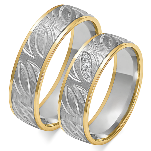 Vestuvinių žiedų gamyba - 6 mm modernus dizainas su raštu ir deimantais (0,04 ct) (pora)