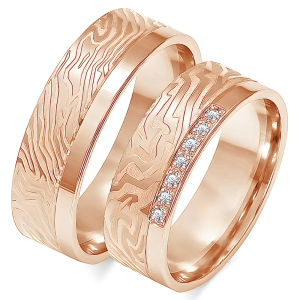 Vestuvinių žiedų gamyba - 6.50 mm modernus su auksiniais raštais ir deimantais (0,07 ct) (pora)