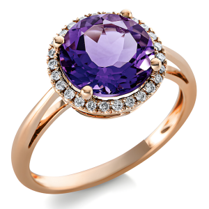 Ametistas - klasikinio raudono aukso žiedas su ametistu ir deimantais (2.64 ct)