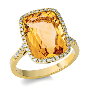 Prabangus Citrinas - geltono aukso žiedas su citrinu ir deimantais (6.80 ct)
