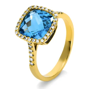 Topāzs - dzeltenā zelta gredzens ar cushion topāzu un dimantiem (3.66 ct)