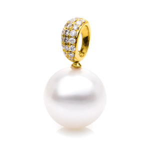 Geltono aukso pakabukas su perlu ir deimantais (10.5 mm, 0.13 ct)