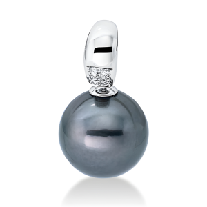 Balto aukso pakabukas su juodu perlu ir deimantais (Taičio, 11.5 mm, 0.02 ct)