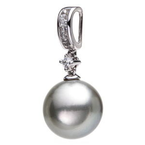 Balto aukso pakabukas su juodu perlu ir princess deimantais (Taičio, 10.5 mm, 0.12 ct)