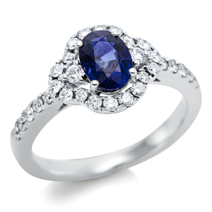Išskirtinis safyras – žiedas su deimantais ir ovalios formos safyru (1.40 ct)