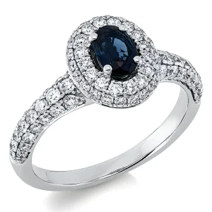 Mėlynas safyras – žiedas su deimantais ir ovalios formos safyru (1.31 ct)