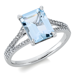 Akvamarinas - žiedas su stačiakampiu akvamarinu ir deimantais (2.15 ct)