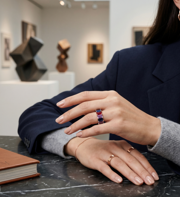 4.72 ct auksinis žiedas su spalvotais safyrais ant moters rankos