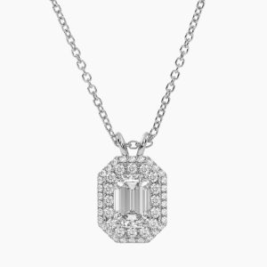 Emerald Sparkle – balto aukso grandinėlė ir prabangus pakabukas su deimantu Emerald formos ir deimantais 0,45 ct