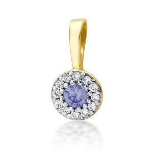 Spindintis tanzanitas – geltono aukso pakabukas su tanzanitu ir deimantais (0,25 ct)