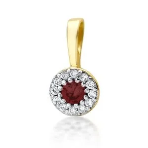 Spindintis rubinas – geltono aukso pakabukas su rubinu ir deimantais (0,25 ct)