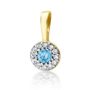 Spindintis topazas – geltono aukso pakabukas su topazu ir deimantais (0,25 ct)