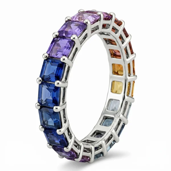 Balto aukso 6.25 ct auksinis žiedas su spalvotais safyrais