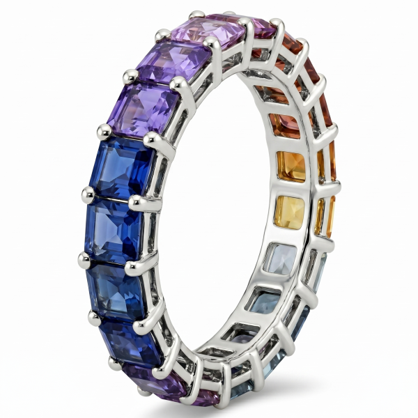 Balto aukso 6.25 ct auksinis žiedas su spalvotais safyrais