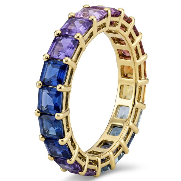 Geltono aukso 6.25 ct auksinis žiedas su spalvotais safyrais