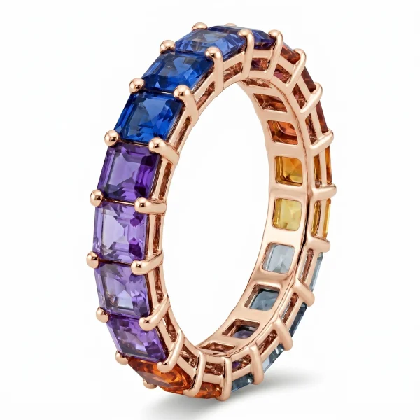 Raudono aukso 6.25 ct auksinis žiedas su spalvotais safyrais