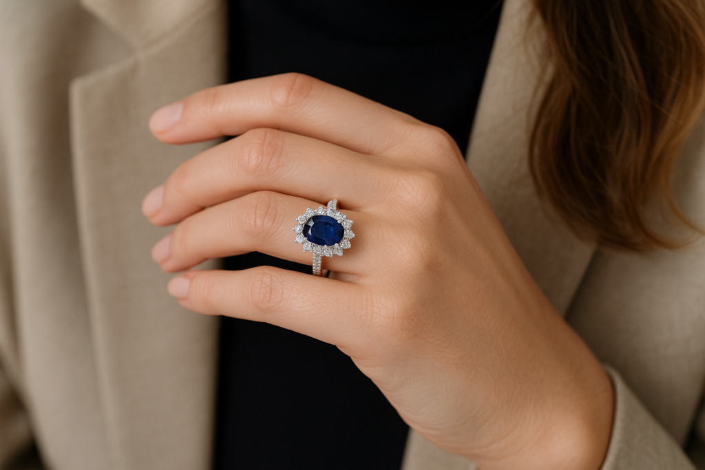 Velso princesės Catherine žiedas su ovalo formos safyru ir deimantais aplink