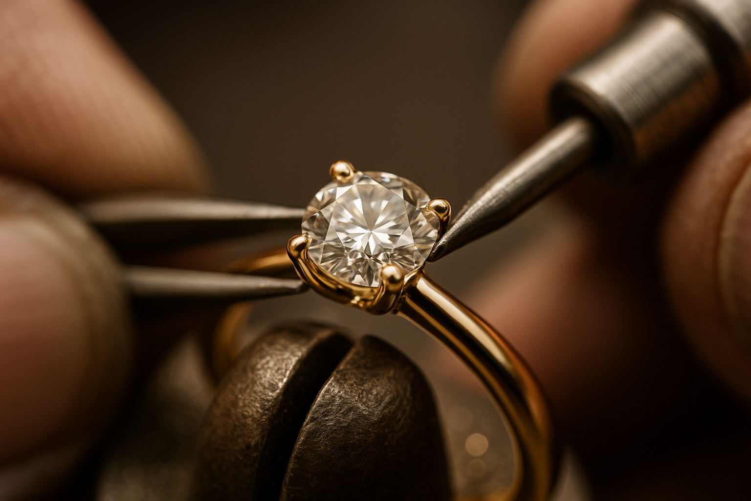 Juvelyras įstatinėja spindintį apvalų briliantą į auksinį sužadėtuvių žiedą, matosi prabangus deimantas ir kruopštus karūnėlės formavimas