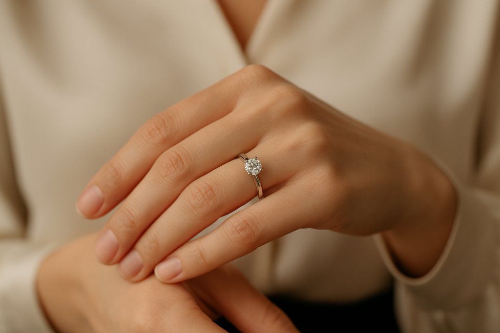 Sužadėtuvių žiedas su deimantu ant elegantiškos moters rankos – Fashion Gold kolekcija.