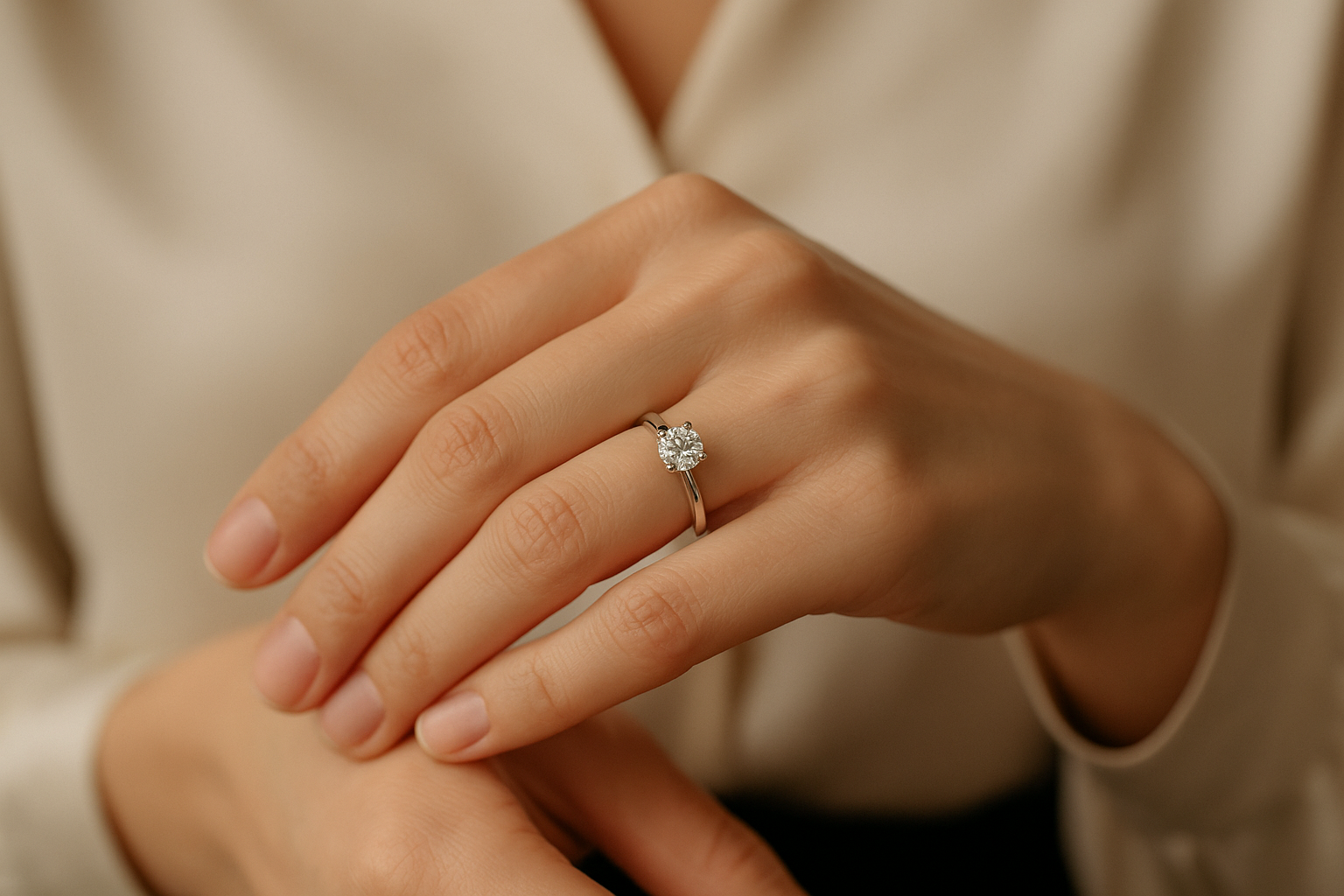 Žiedas su deimantu ant elegantiškos moters rankos – Fashion Gold kolekcija.