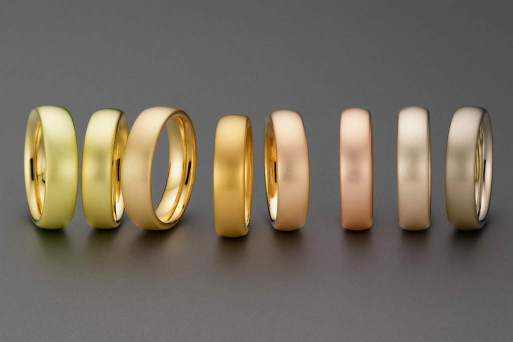 Aukso spalva: 50 aukso atspalvių – baltas auksas, geltonas auksas, raudonas auksas, rožinis auksas, riešutų spalvos auksas, pilkos spalvos auksas.