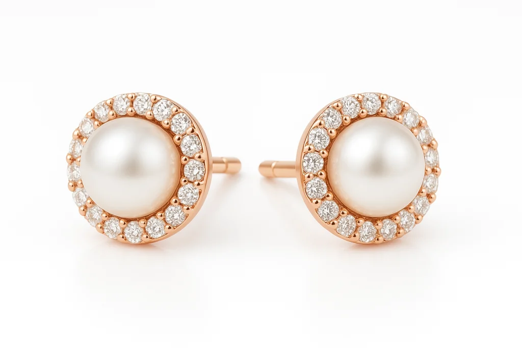 Auskarai su perlais ir deimantų apvadu raudonas auksas