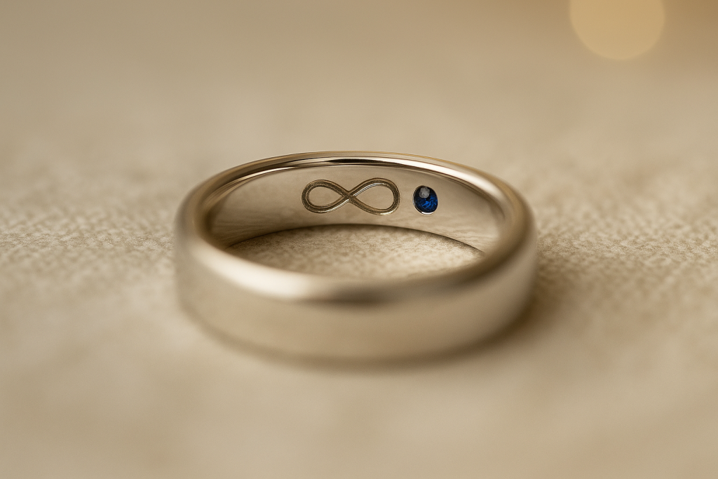 Balto aukso vestuvinis žiedas su paslėptu safyru ir begalybės simbolio graviravimu