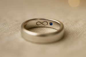 Balto aukso vestuvinis žiedas su paslėptu safyru ir begalybės simbolio graviravimu