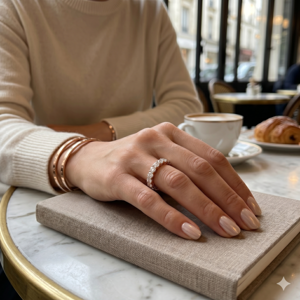 Balto aukso žiedas „Deimantinė linija“ su deimantais (2,89 ct) ant rankos