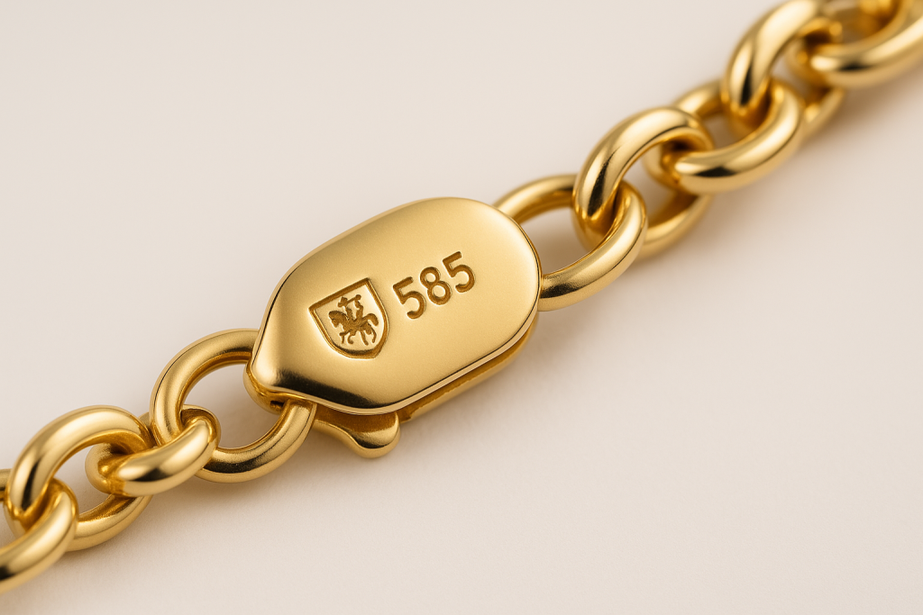 Geltonos aukso grandinėlės užsegimo makro nuotrauka, kurioje aiškiai matomas Lietuvos prabavimo rūmų ženklas su Vyčiu ir skaičiumi 585.