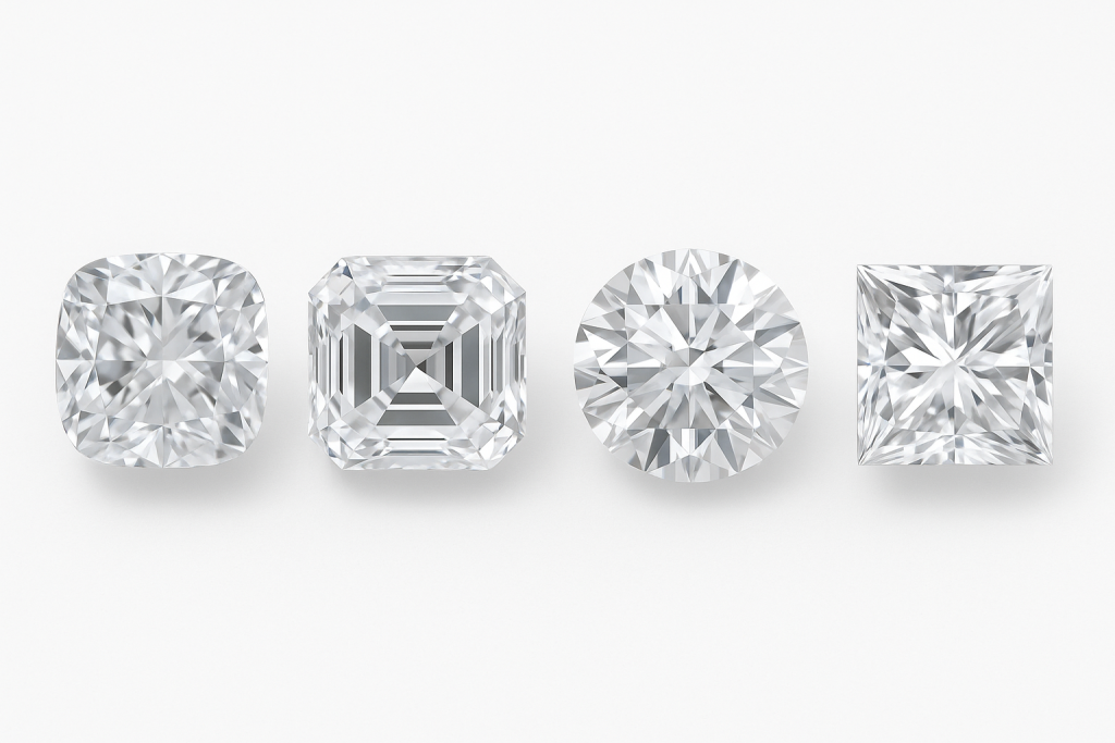 Skirtingų formų deimantai – Cushion, Asscher, Round Brilliant ir Princess – išdėstyti vienoje eilėje, aiškiai matomos skirtingos briaunavimo detalės