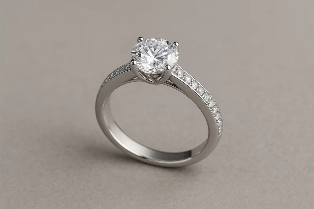 Modernaus dizaino sužadėtuvių žiedas su deimantais iš balto aukso