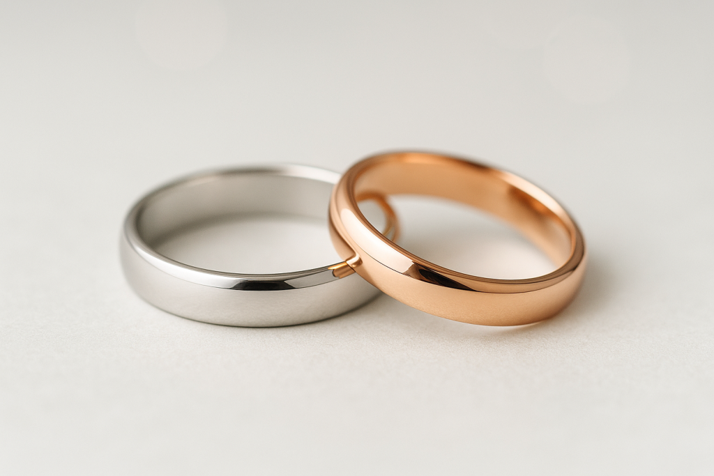 Vestuviniai žiedai iš balto ir rožinio aukso ant šviesaus fono