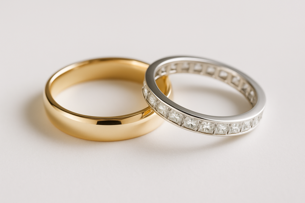 Vestuviniai žiedai – geltono aukso vyriškas vestuvinis žiedas ir balto aukso žiedas deimantinė juostelė su visą ratą juosiančiais Princess formos deimantais