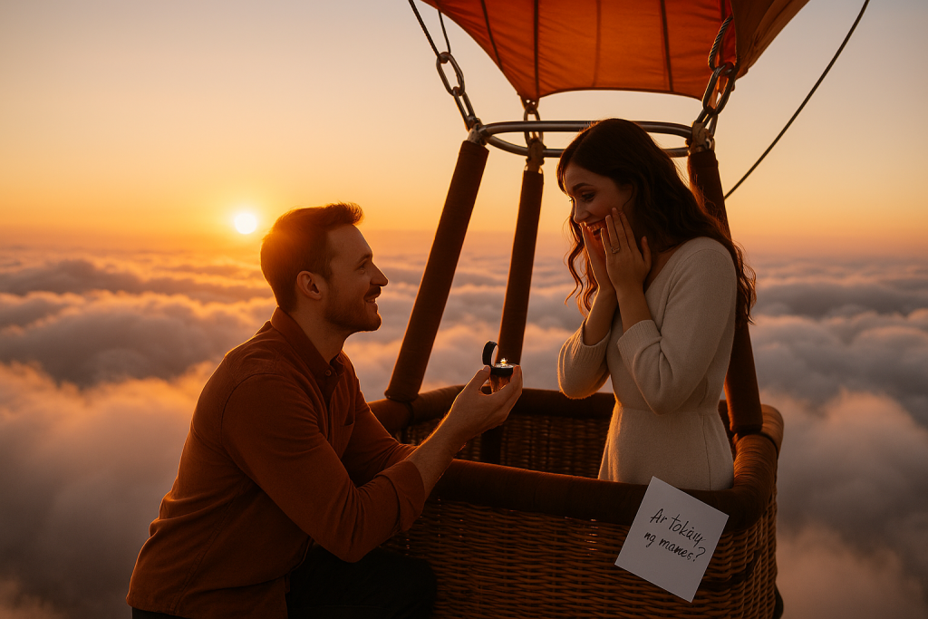 Vyras pasipiršta oro balione, įteikdamas sužadėtuvių žiedą virš debesų saulėlydžio metu.