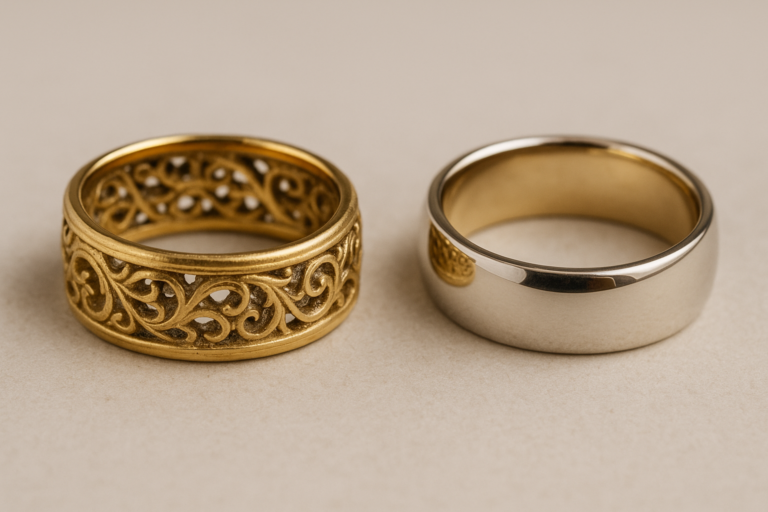 Vestuvinis žiedas su giliais raižiniais, kuriuose matyti susikaupę nešvarumai, ir lygus žiedas palyginimui.