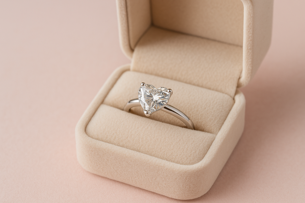 Baltos aukso sužadėtuvių žiedas su širdelės formos deimantu, pateiktas atviroje, švelnaus aksomo dėžutėje