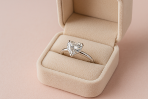 Baltos aukso sužadėtuvių žiedas su širdelės formos deimantu, pateiktas atviroje, švelnaus aksomo dėžutėje