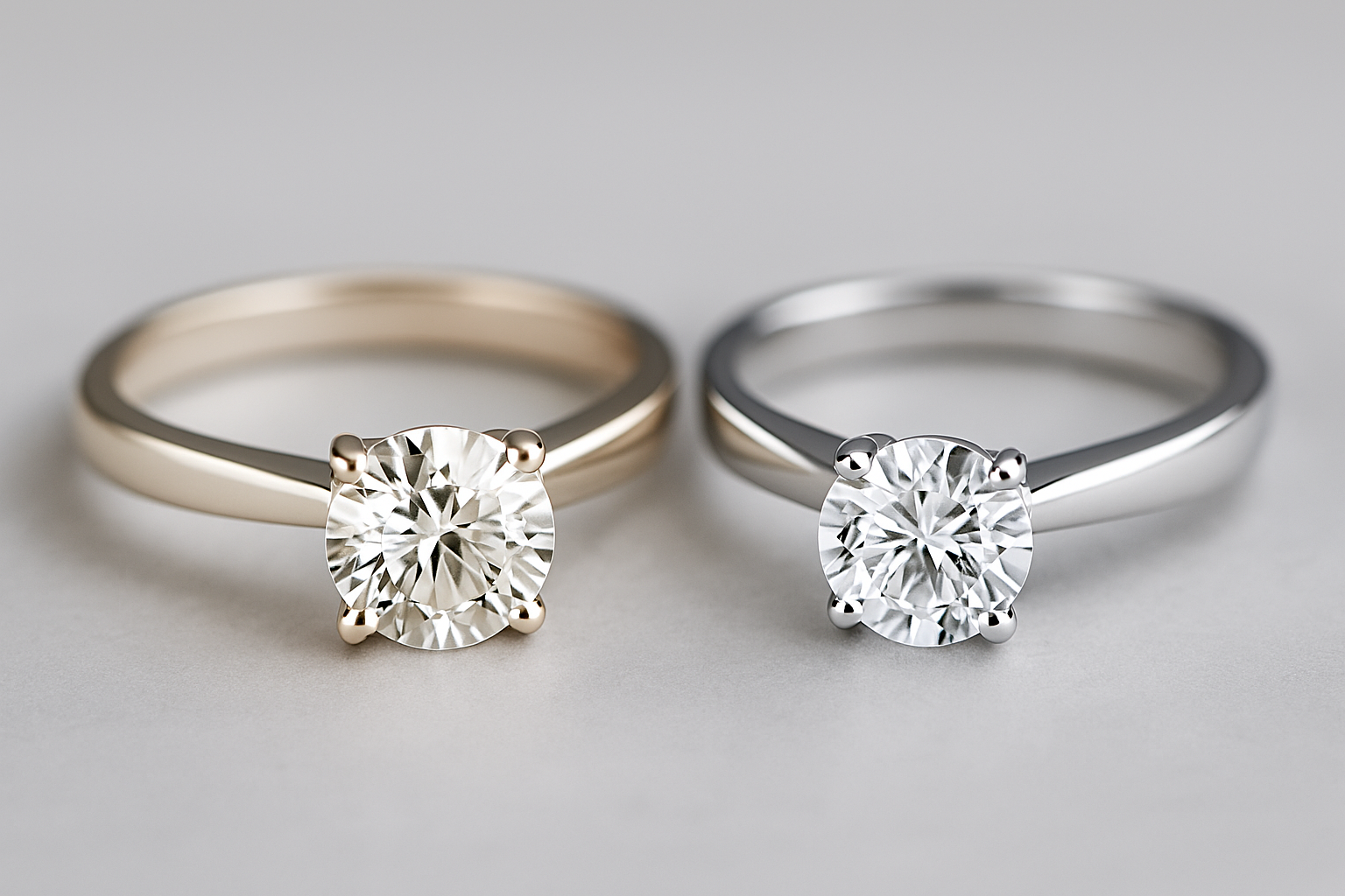 šampaninis natūralaus balto aukso žiedas su briliantu ir ledinio atspalvio rodžiu dengtas balto aukso žiedas