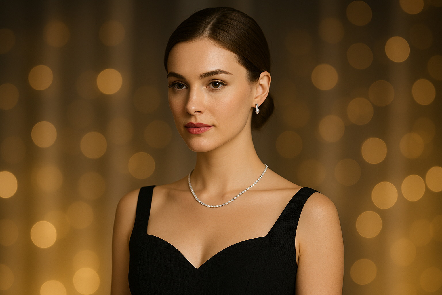 Elegantiška moteris su minimalistiniais deimantiniais papuošalais.