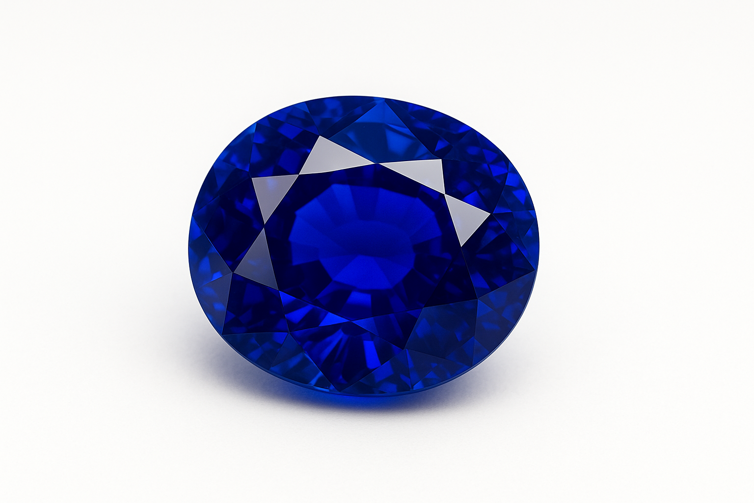 Mėlynos spalvos safyras (blue sapphire) briliantiniu šlifu, padėtas ant švaraus balto fono