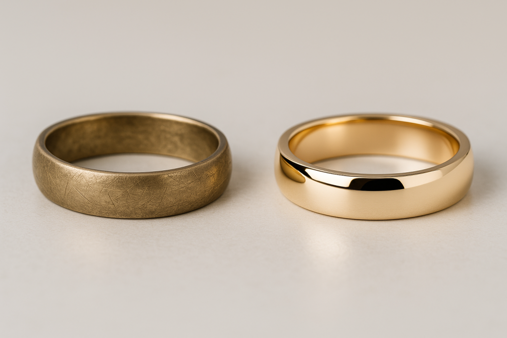 Nusidėvėjęs žiedas prieš ir po atnaujinimo – kairėje matinis, dešinėje spindintis kaip naujas.