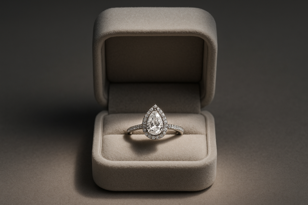 Halo dizaino sužadėtuvių žiedas su deimantu lašo formos