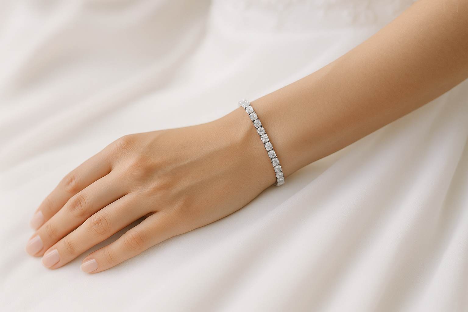 Nuotakos ranka su deimantine tennis apyranke prie vestuvinės suknelės.